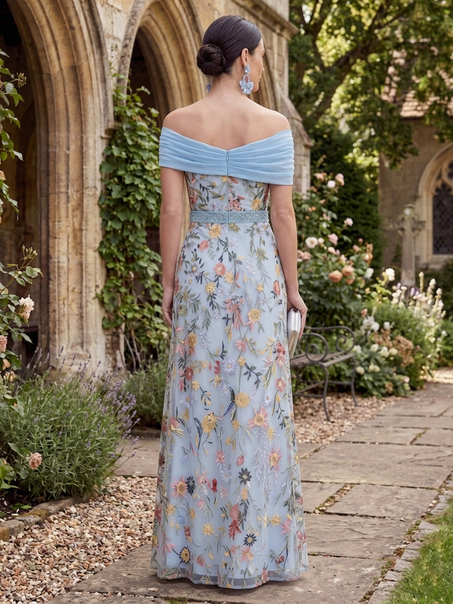 Floral Embroidery Sheath/Column Off Shoulder Floor-Length Mother of the Bride & Groom Dresses with Ruched Bodice