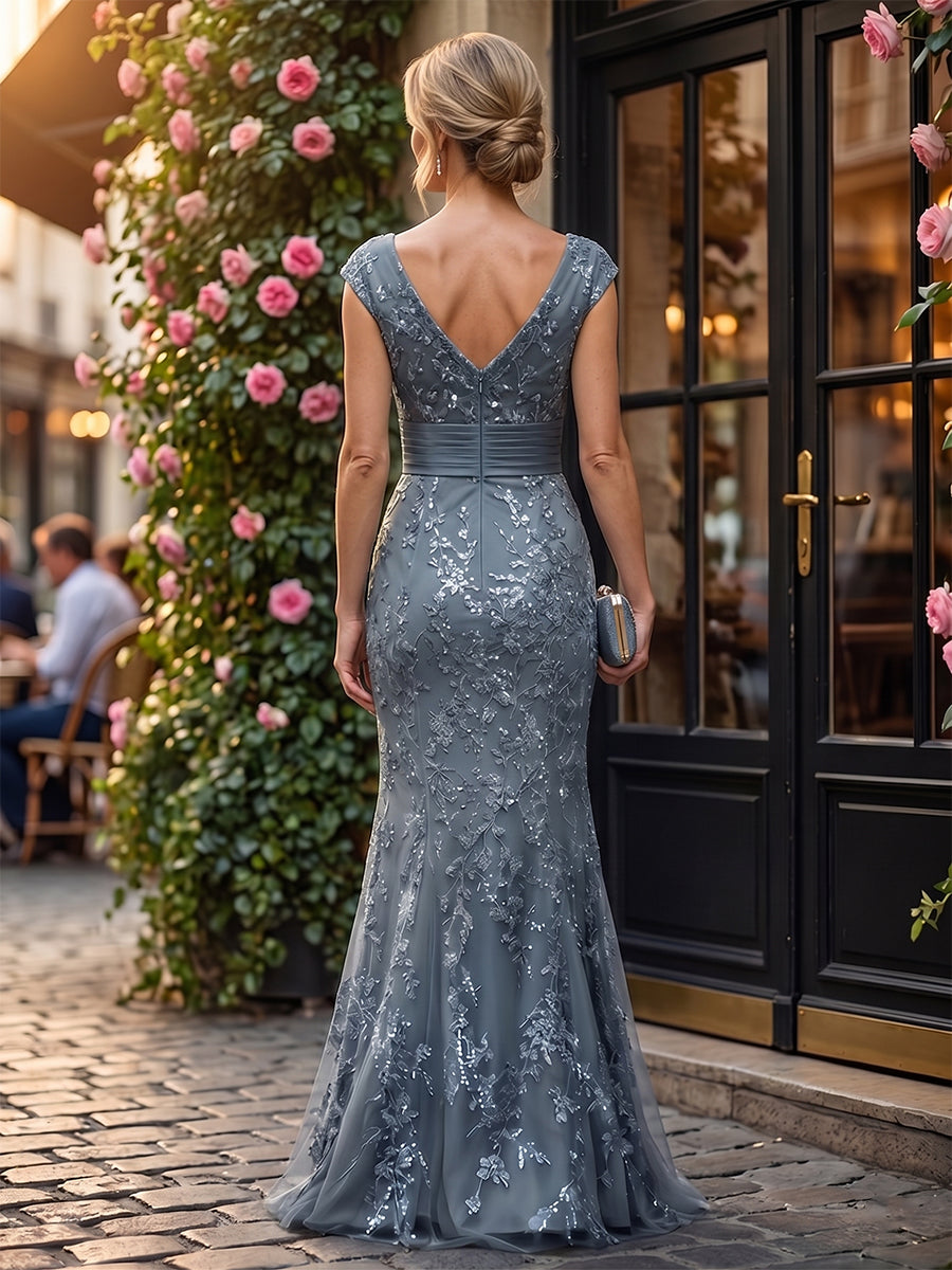 Sequin Floral Mermaid/Trumpet V-Neck Floor-Length Mother of the Bride & Groom Dresses for Women