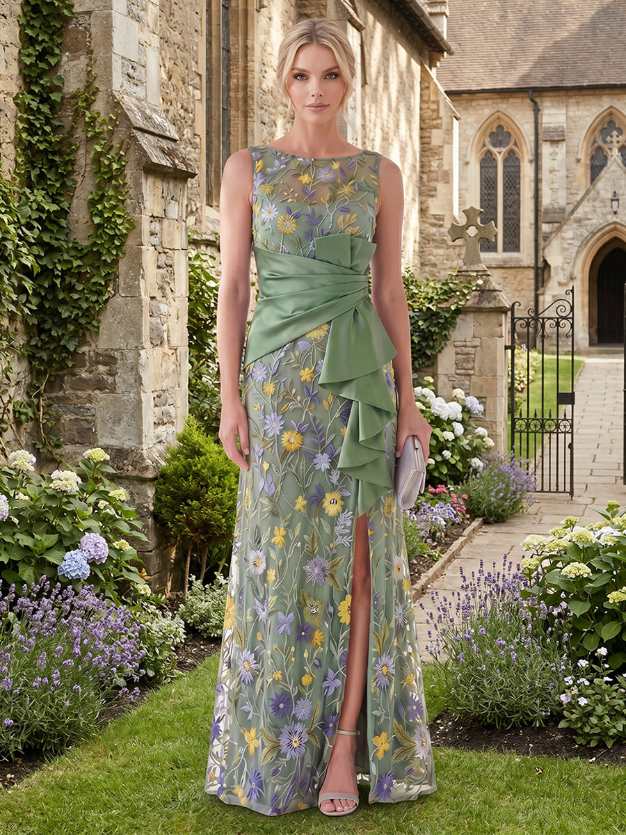 Floral Embroidery Sheath/Column Scoop Neck Floor-Length Mother of the Bride & Groom Dresses with Ruffles & Slit