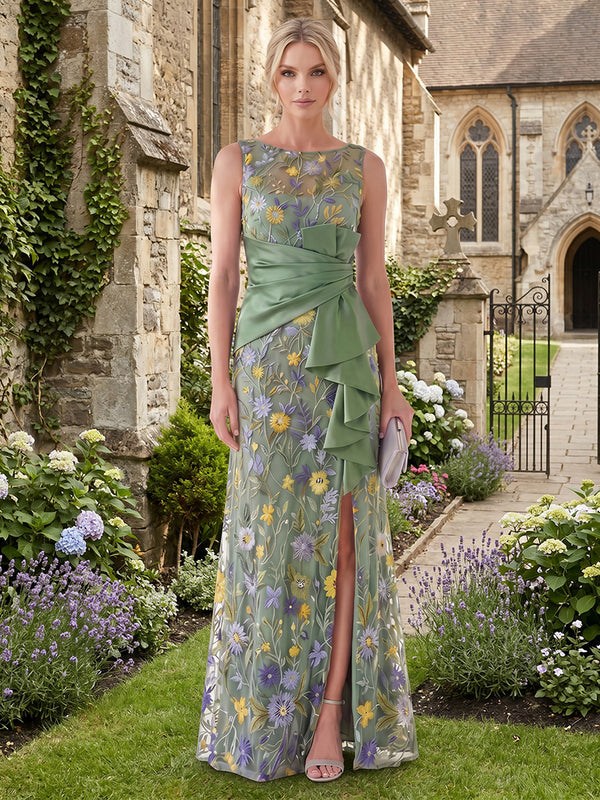 Floral Embroidery Sheath/Column Scoop Neck Floor-Length Mother of the Bride & Groom Dresses with Ruffles & Slit