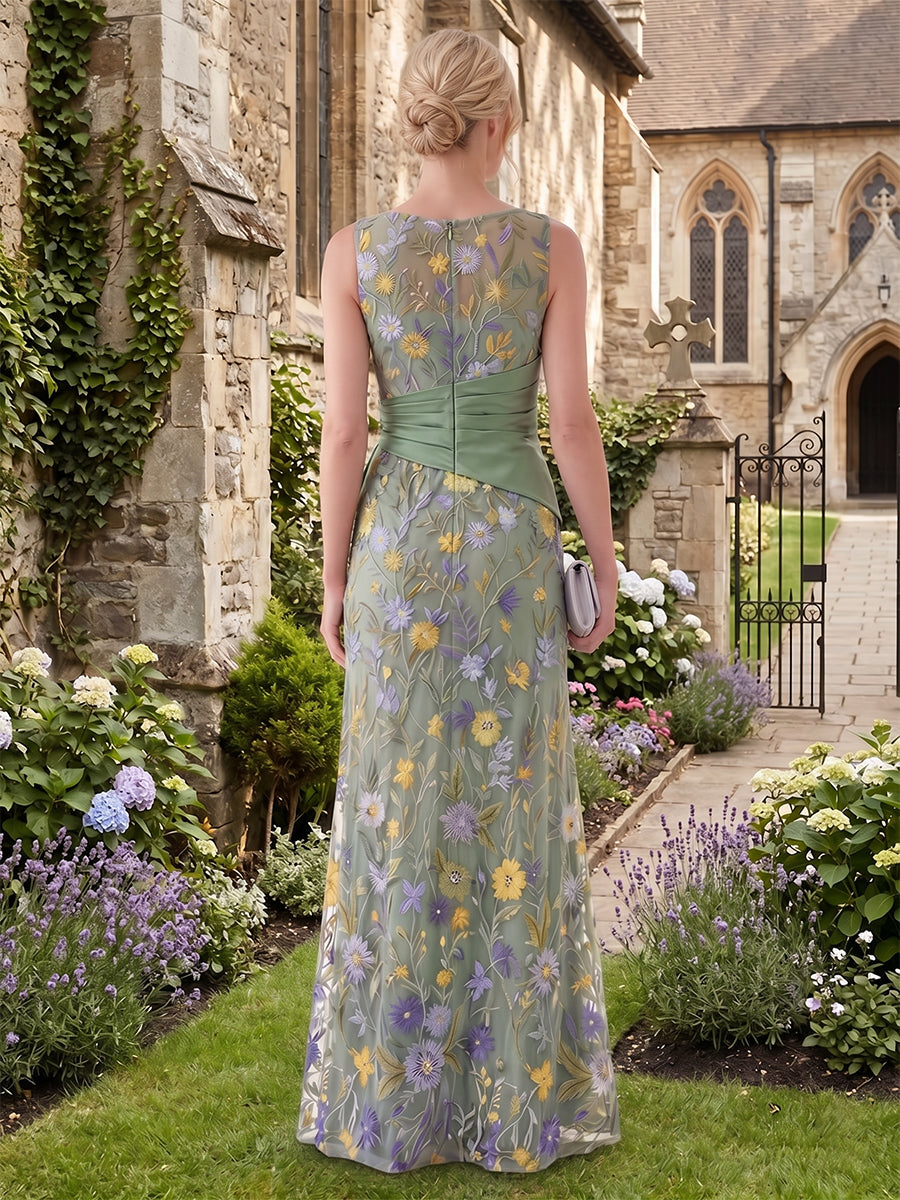 Floral Embroidery Sheath/Column Scoop Neck Floor-Length Mother of the Bride & Groom Dresses with Ruffles & Slit