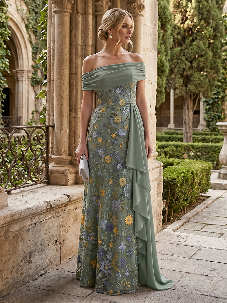 Floral Embroidery Sheath/Column Off Shoulder Floor-Length Mother of the Bride & Groom Dresses with Ruffles