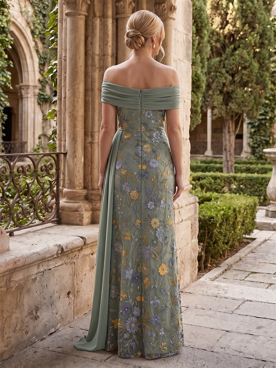 Floral Embroidery Sheath/Column Off Shoulder Floor-Length Mother of the Bride & Groom Dresses with Ruffles