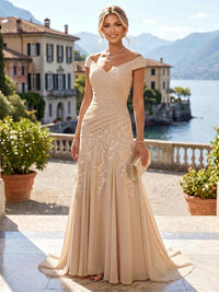 Chiffon Lace A-Line/Princess Off Shoulder Long Mother of the Bride & Groom Dresses with Ruched Waist & Sweep Train