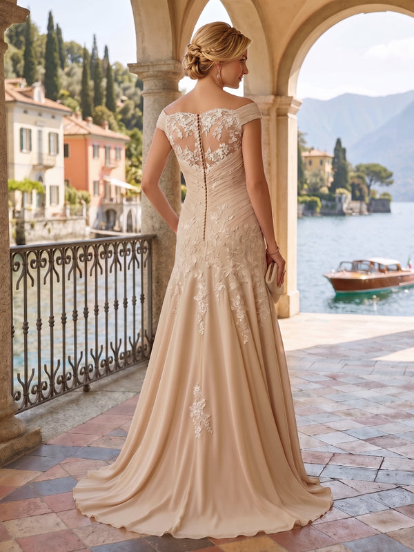 Chiffon Lace A-Line/Princess Off Shoulder Long Mother of the Bride & Groom Dresses with Ruched Waist & Sweep Train