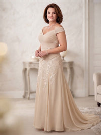 Chiffon Lace A-Line/Princess Off Shoulder Long Mother of the Bride & Groom Dresses with Ruched Waist & Sweep Train