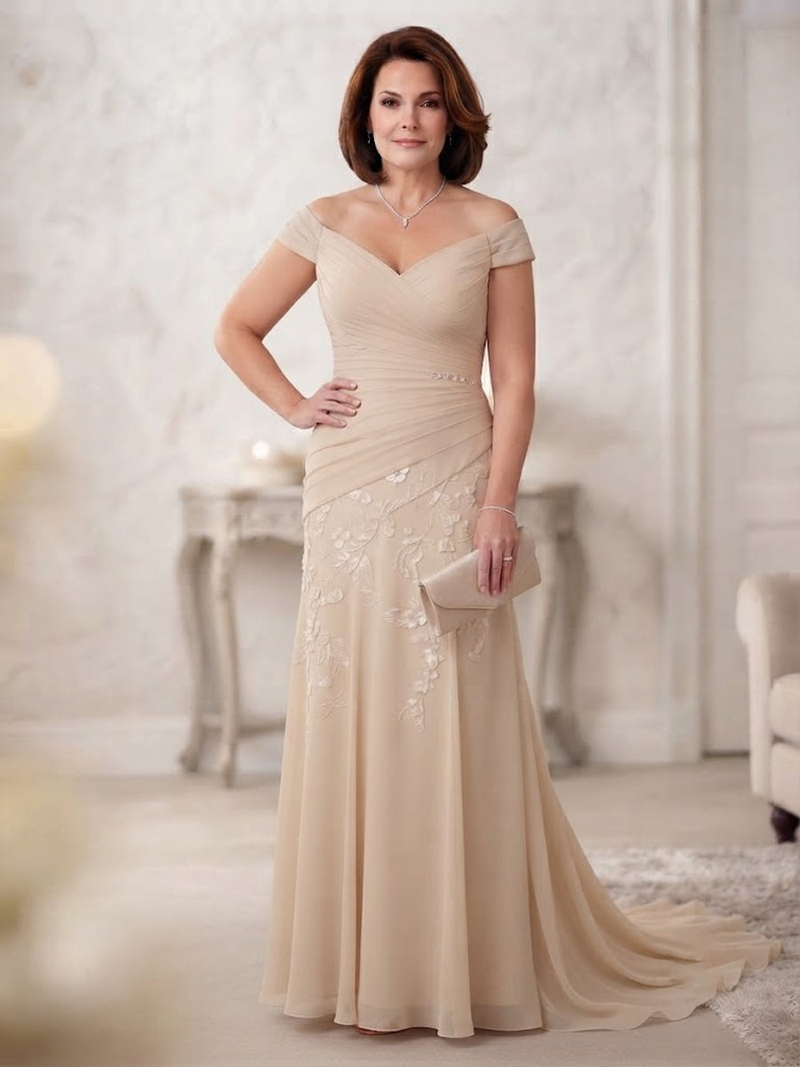 Chiffon Lace A-Line/Princess Off Shoulder Long Mother of the Bride & Groom Dresses with Ruched Waist & Sweep Train