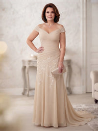 Chiffon Lace A-Line/Princess Off Shoulder Long Mother of the Bride & Groom Dresses with Ruched Waist & Sweep Train