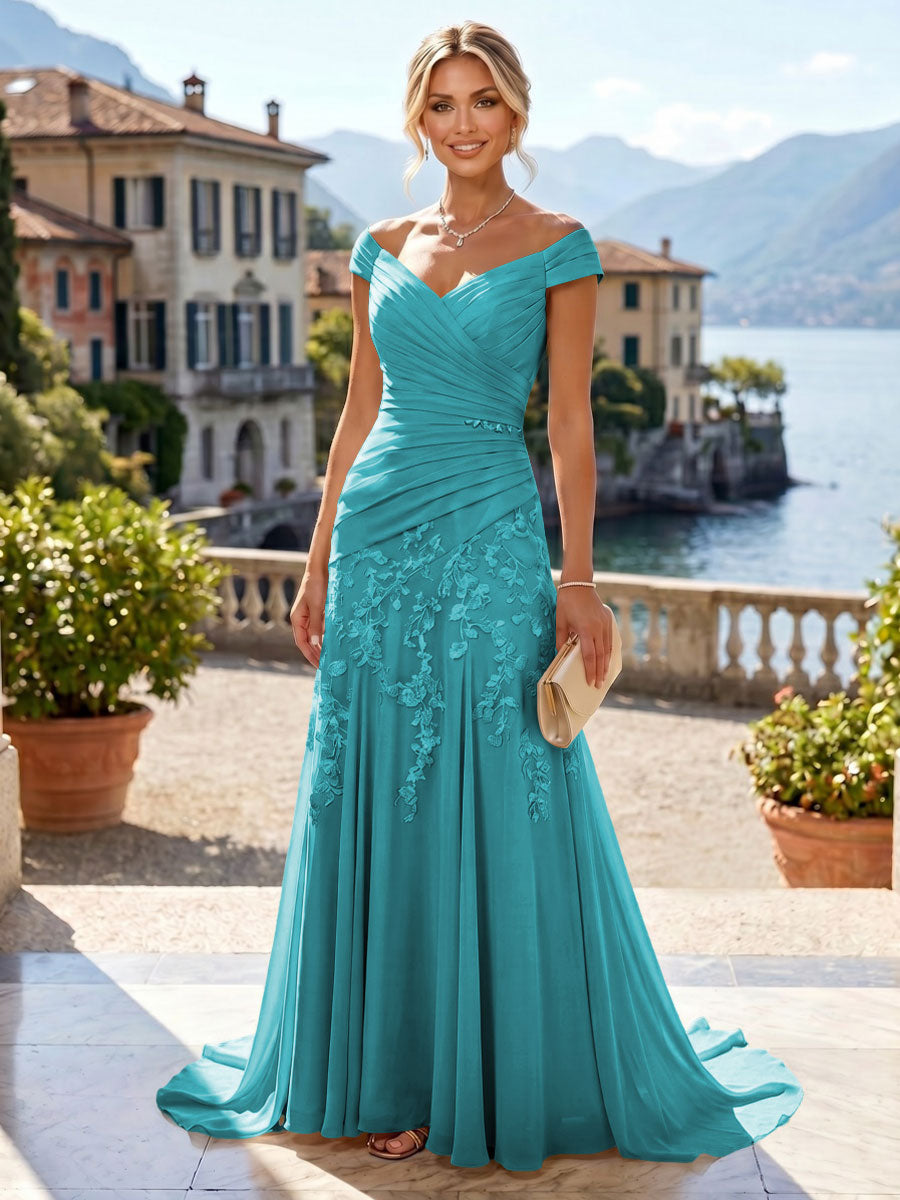 Chiffon Lace A-Line/Princess Off Shoulder Long Mother of the Bride & Groom Dresses with Ruched Waist & Sweep Train