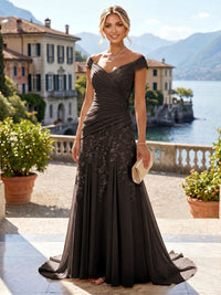 Chiffon Lace A-Line/Princess Off Shoulder Long Mother of the Bride & Groom Dresses with Ruched Waist & Sweep Train