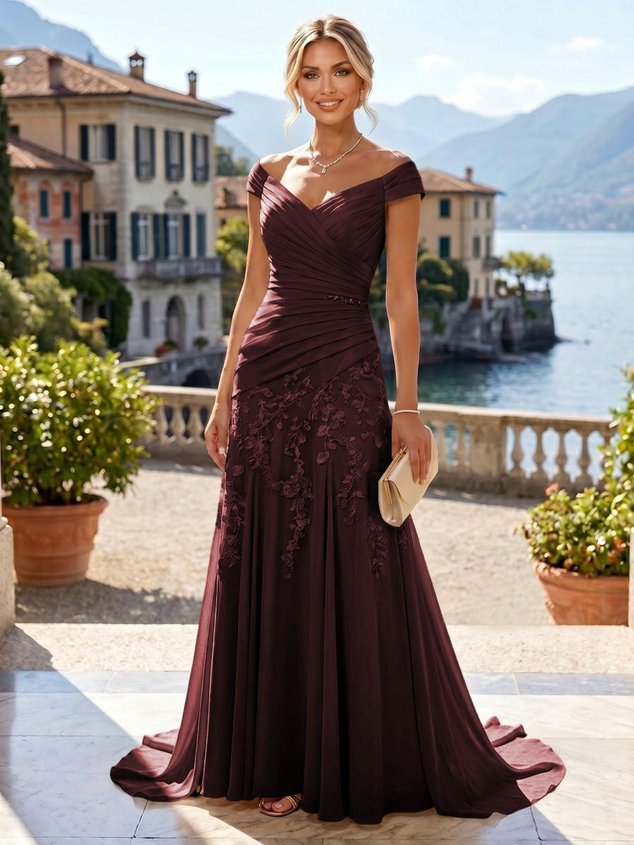 Chiffon Lace A-Line/Princess Off Shoulder Long Mother of the Bride & Groom Dresses with Ruched Waist & Sweep Train