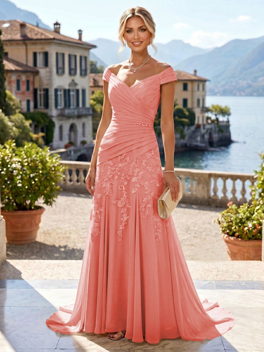 Chiffon Lace A-Line/Princess Off Shoulder Long Mother of the Bride & Groom Dresses with Ruched Waist & Sweep Train