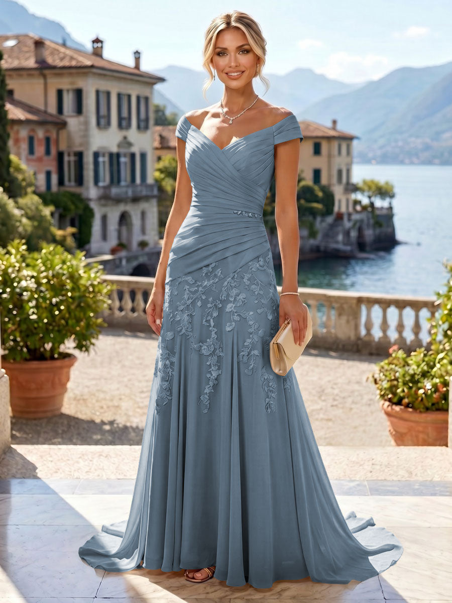 Chiffon Lace A-Line/Princess Off Shoulder Long Mother of the Bride & Groom Dresses with Ruched Waist & Sweep Train