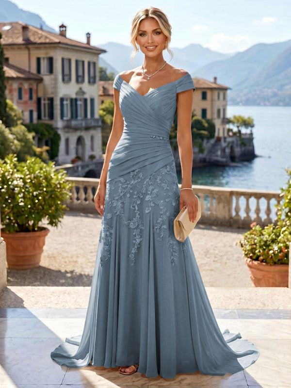 Chiffon Lace A-Line/Princess Off Shoulder Long Mother of the Bride & Groom Dresses with Ruched Waist & Sweep Train