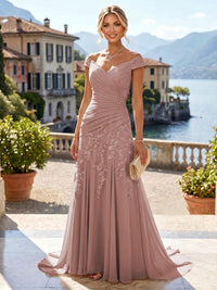 Chiffon Lace A-Line/Princess Off Shoulder Long Mother of the Bride & Groom Dresses with Ruched Waist & Sweep Train