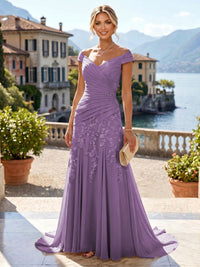 Chiffon Lace A-Line/Princess Off Shoulder Long Mother of the Bride & Groom Dresses with Ruched Waist & Sweep Train
