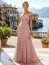 Chiffon Lace A-Line/Princess Off Shoulder Long Mother of the Bride & Groom Dresses with Ruched Waist & Sweep Train