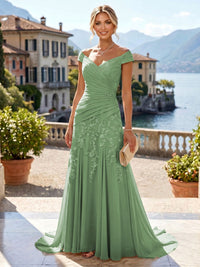 Chiffon Lace A-Line/Princess Off Shoulder Long Mother of the Bride & Groom Dresses with Ruched Waist & Sweep Train