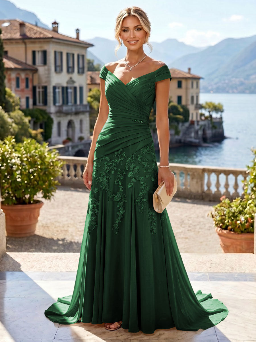 Chiffon Lace A-Line/Princess Off Shoulder Long Mother of the Bride & Groom Dresses with Ruched Waist & Sweep Train
