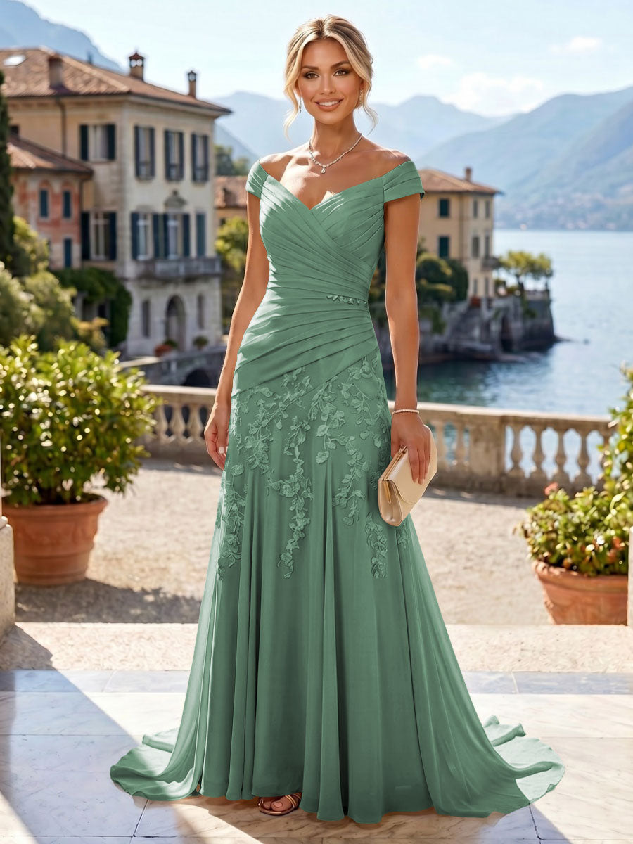 Chiffon Lace A-Line/Princess Off Shoulder Long Mother of the Bride & Groom Dresses with Ruched Waist & Sweep Train