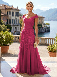 Chiffon Lace A-Line/Princess Off Shoulder Long Mother of the Bride & Groom Dresses with Ruched Waist & Sweep Train