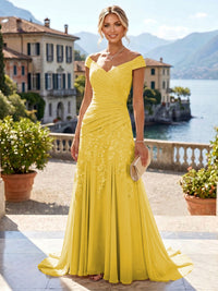 Chiffon Lace A-Line/Princess Off Shoulder Long Mother of the Bride & Groom Dresses with Ruched Waist & Sweep Train