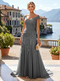 Chiffon Lace A-Line/Princess Off Shoulder Long Mother of the Bride & Groom Dresses with Ruched Waist & Sweep Train