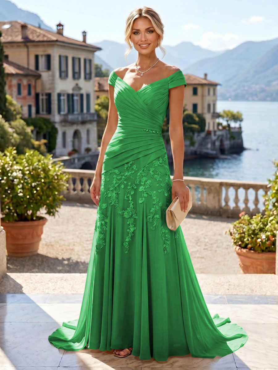 Chiffon Lace A-Line/Princess Off Shoulder Long Mother of the Bride & Groom Dresses with Ruched Waist & Sweep Train