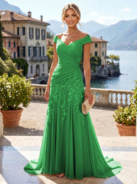 Chiffon Lace A-Line/Princess Off Shoulder Long Mother of the Bride & Groom Dresses with Ruched Waist & Sweep Train