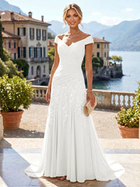 Chiffon Lace A-Line/Princess Off Shoulder Long Mother of the Bride & Groom Dresses with Ruched Waist & Sweep Train