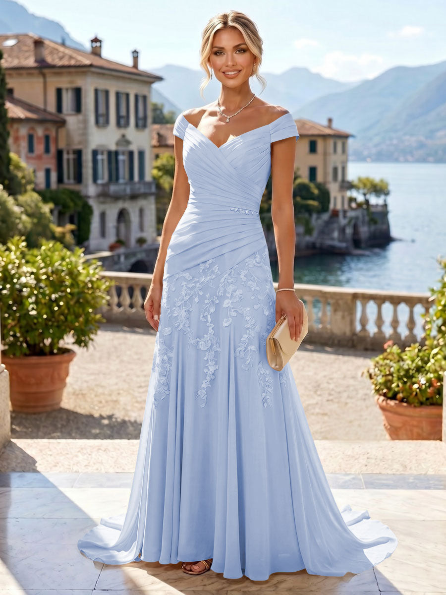Chiffon Lace A-Line/Princess Off Shoulder Long Mother of the Bride & Groom Dresses with Ruched Waist & Sweep Train