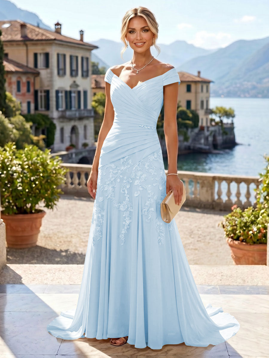 Chiffon Lace A-Line/Princess Off Shoulder Long Mother of the Bride & Groom Dresses with Ruched Waist & Sweep Train