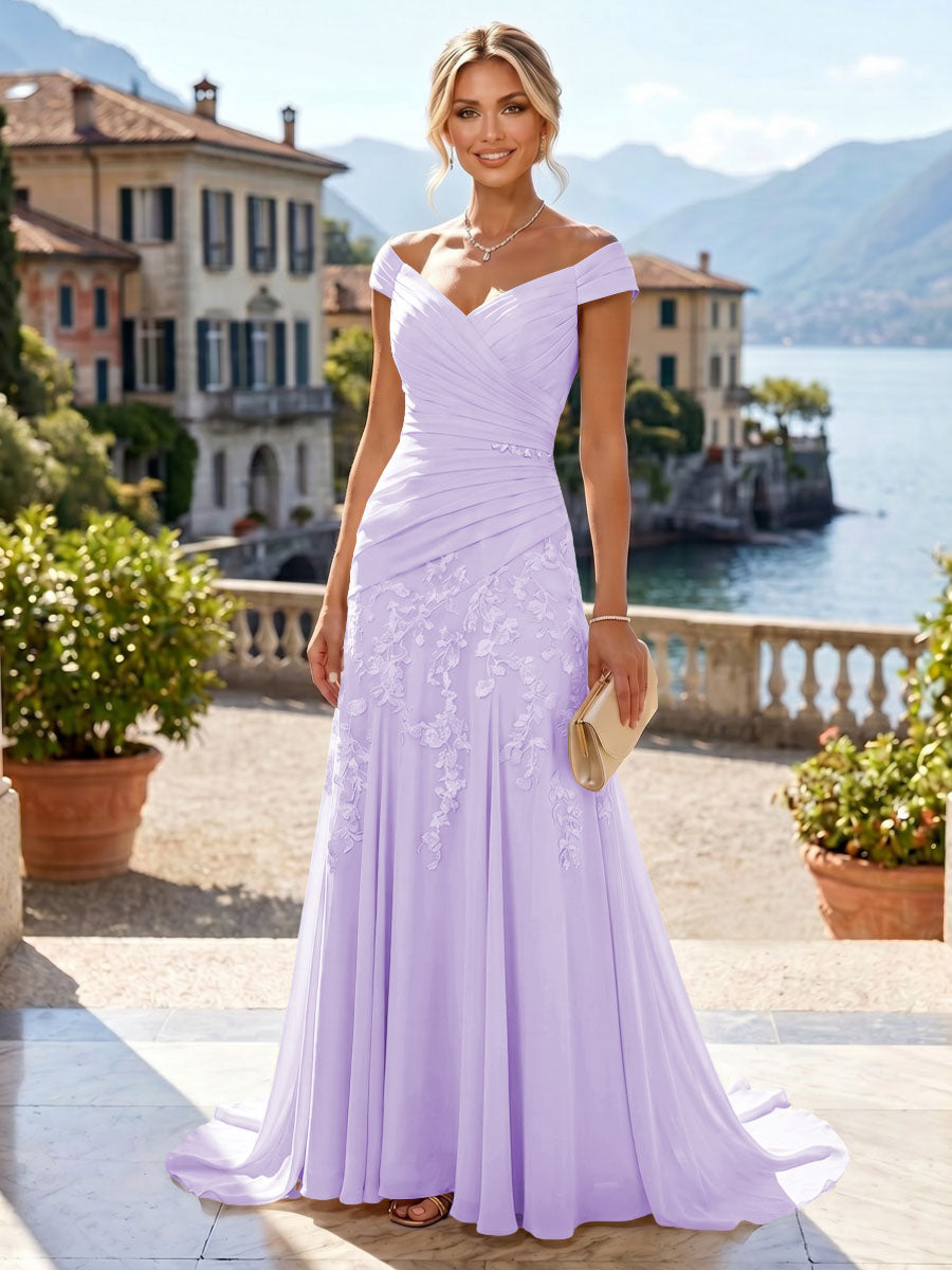 Chiffon Lace A-Line/Princess Off Shoulder Long Mother of the Bride & Groom Dresses with Ruched Waist & Sweep Train