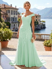 Chiffon Lace A-Line/Princess Off Shoulder Long Mother of the Bride & Groom Dresses with Ruched Waist & Sweep Train