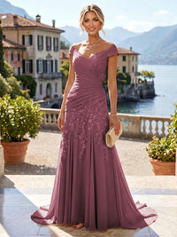 Chiffon Lace A-Line/Princess Off Shoulder Long Mother of the Bride & Groom Dresses with Ruched Waist & Sweep Train