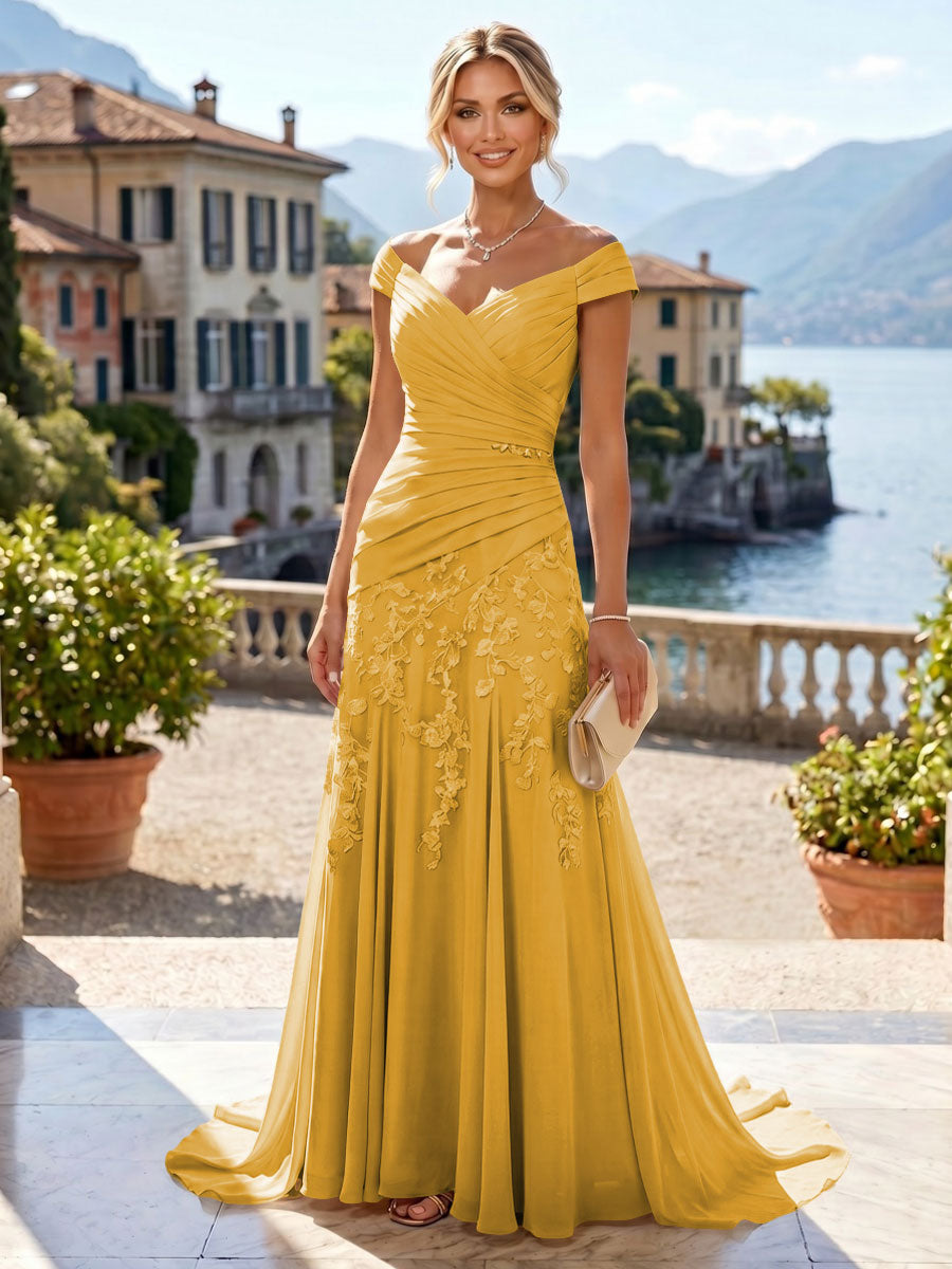 Chiffon Lace A-Line/Princess Off Shoulder Long Mother of the Bride & Groom Dresses with Ruched Waist & Sweep Train