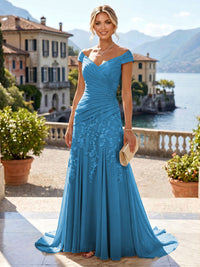 Chiffon Lace A-Line/Princess Off Shoulder Long Mother of the Bride & Groom Dresses with Ruched Waist & Sweep Train