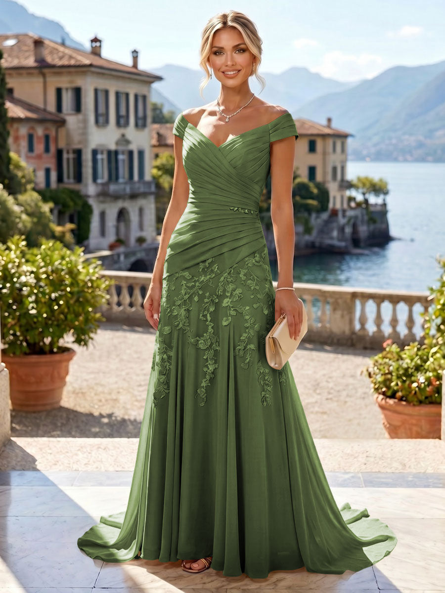 Chiffon Lace A-Line/Princess Off Shoulder Long Mother of the Bride & Groom Dresses with Ruched Waist & Sweep Train