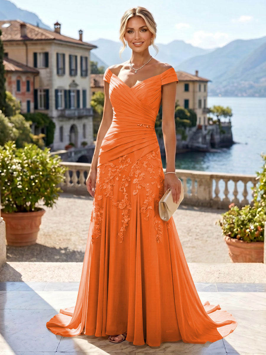 Chiffon Lace A-Line/Princess Off Shoulder Long Mother of the Bride & Groom Dresses with Ruched Waist & Sweep Train