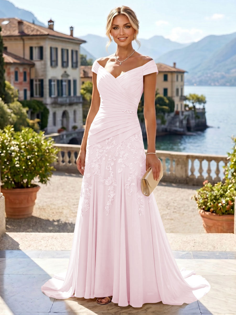 Chiffon Lace A-Line/Princess Off Shoulder Long Mother of the Bride & Groom Dresses with Ruched Waist & Sweep Train