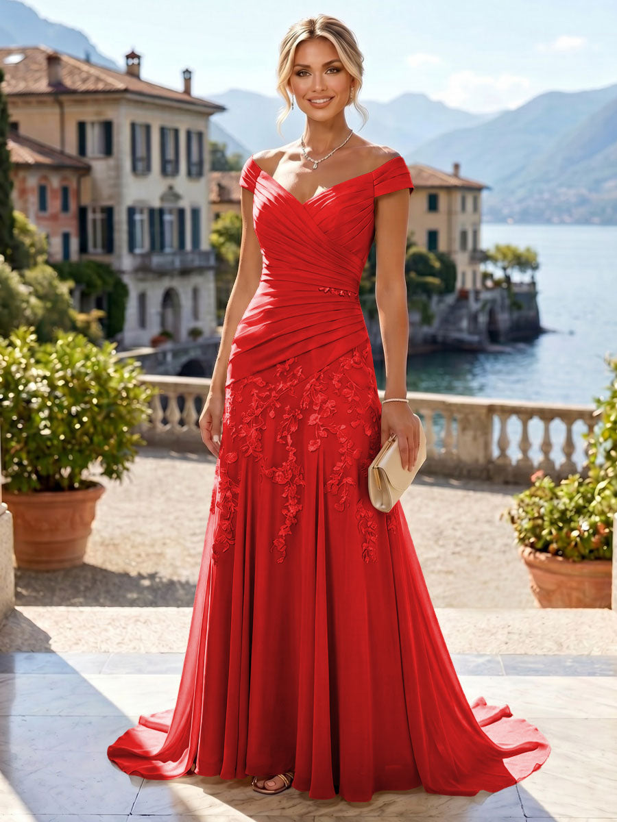 Chiffon Lace A-Line/Princess Off Shoulder Long Mother of the Bride & Groom Dresses with Ruched Waist & Sweep Train