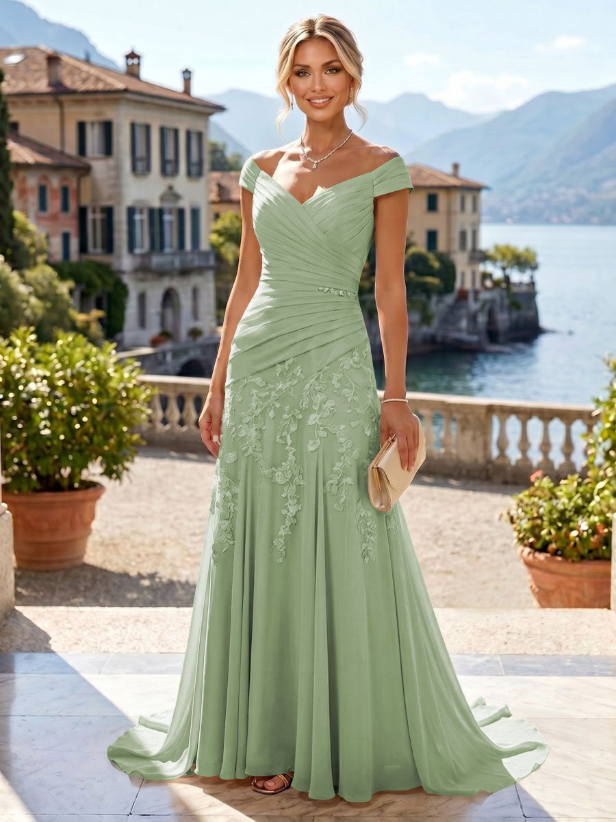 Chiffon Lace A-Line/Princess Off Shoulder Long Mother of the Bride & Groom Dresses with Ruched Waist & Sweep Train
