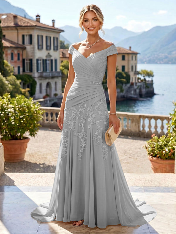 Chiffon Lace A-Line/Princess Off Shoulder Long Mother of the Bride & Groom Dresses with Ruched Waist & Sweep Train