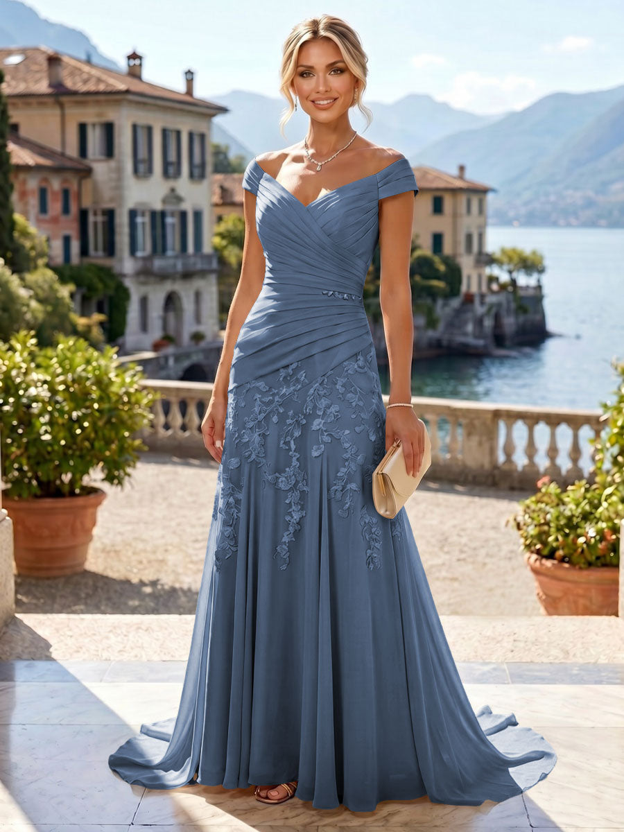 Chiffon Lace A-Line/Princess Off Shoulder Long Mother of the Bride & Groom Dresses with Ruched Waist & Sweep Train