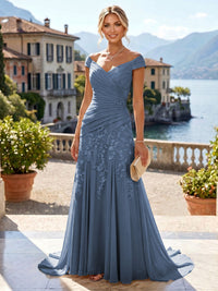 Chiffon Lace A-Line/Princess Off Shoulder Long Mother of the Bride & Groom Dresses with Ruched Waist & Sweep Train
