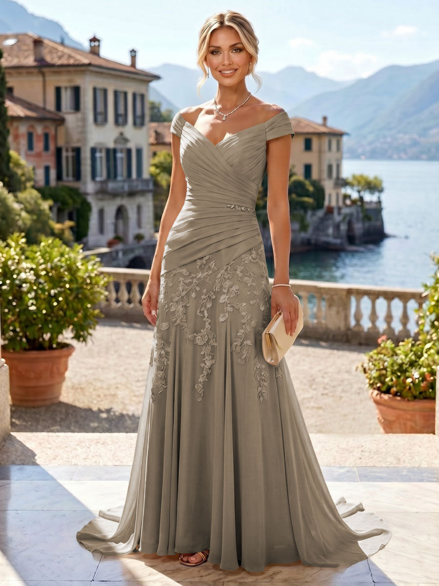 Chiffon Lace A-Line/Princess Off Shoulder Long Mother of the Bride & Groom Dresses with Ruched Waist & Sweep Train