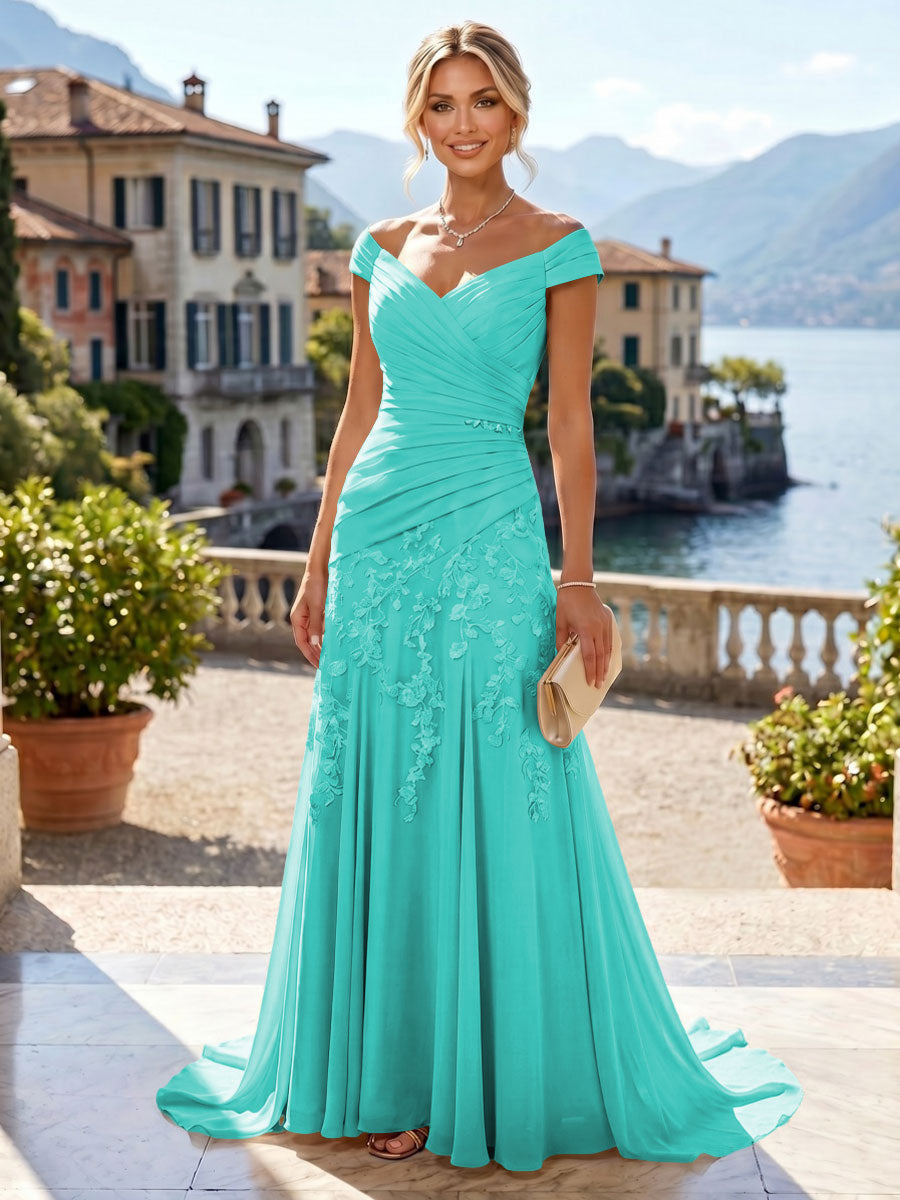 Shirees Turquoise Chiffon Lace A-Line/Princess Off Shoulder Long Mother of the Bride & Groom Dresses with Ruched Waist & Sweep Train 2026