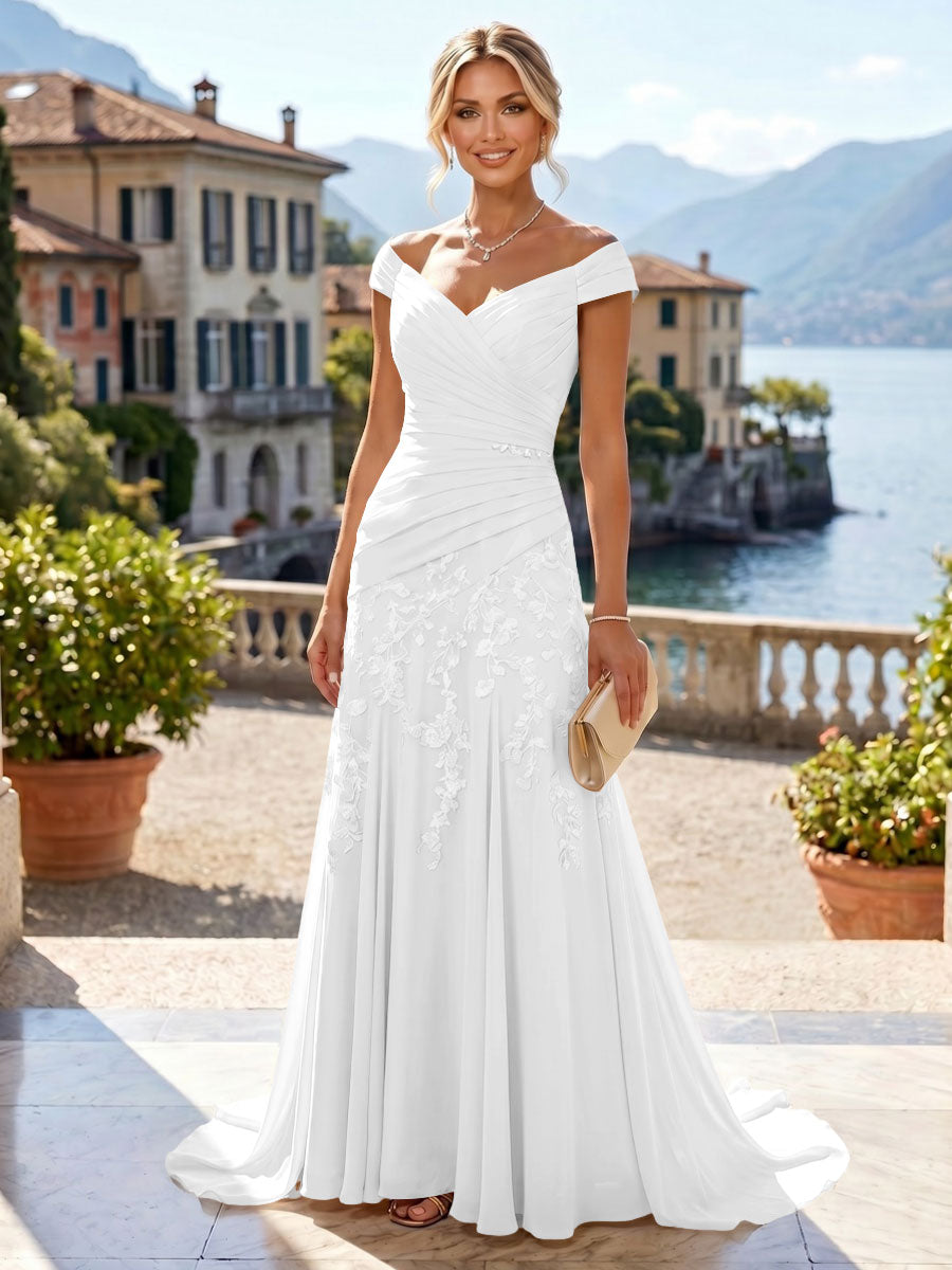 Chiffon Lace A-Line/Princess Off Shoulder Long Mother of the Bride & Groom Dresses with Ruched Waist & Sweep Train