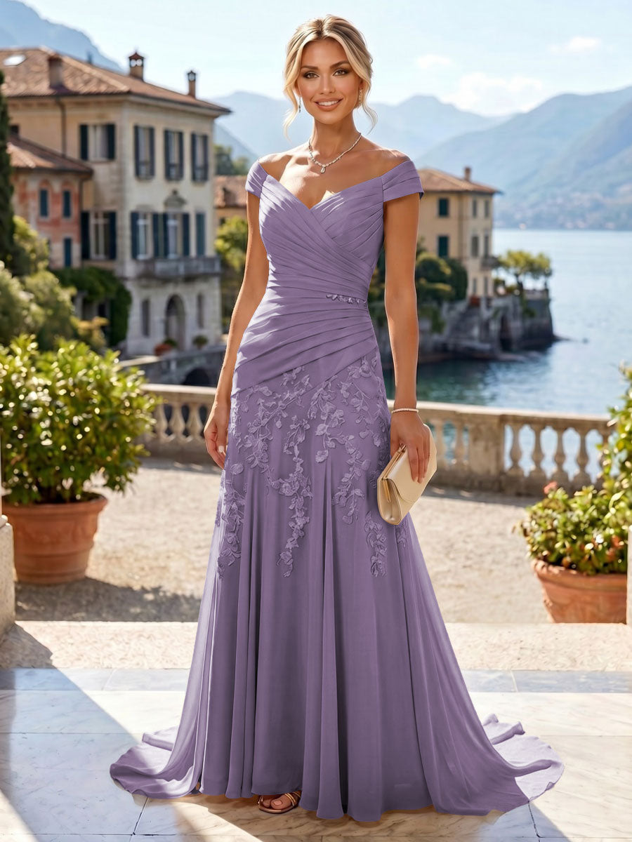 Chiffon Lace A-Line/Princess Off Shoulder Long Mother of the Bride & Groom Dresses with Ruched Waist & Sweep Train