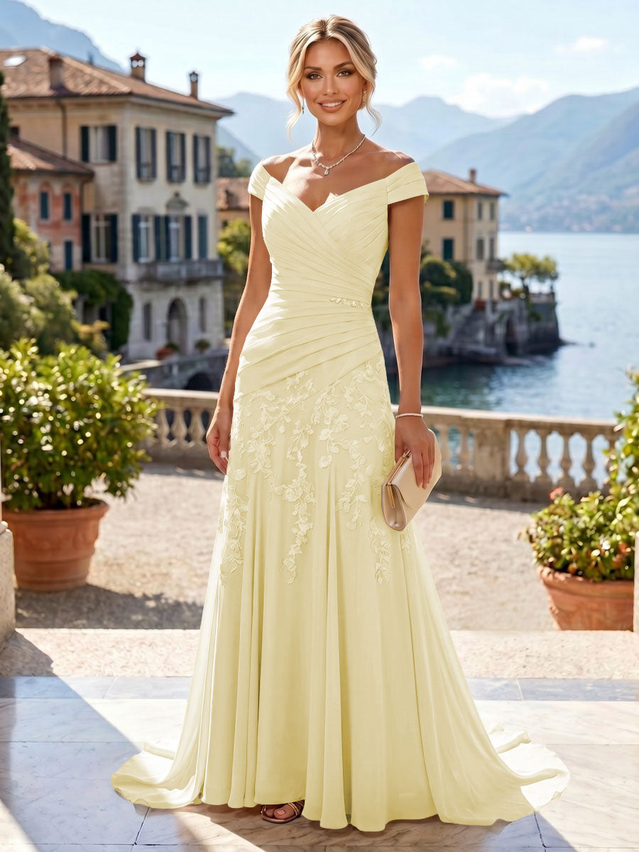 Chiffon Lace A-Line/Princess Off Shoulder Long Mother of the Bride & Groom Dresses with Ruched Waist & Sweep Train